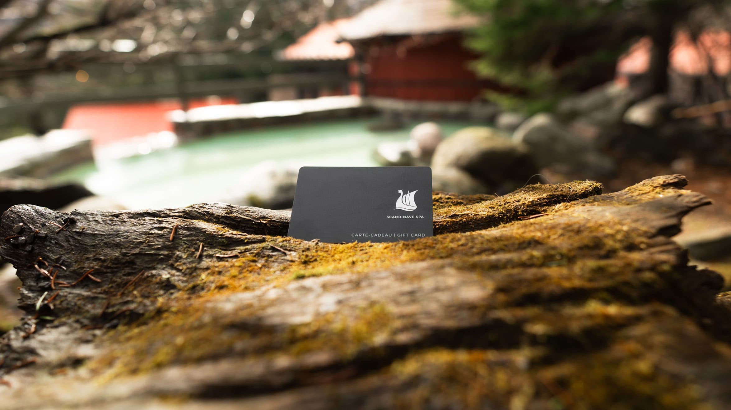 Scandinave Spa gift card placed on a rock with blurred outdoor Nordic spa pools in the background.